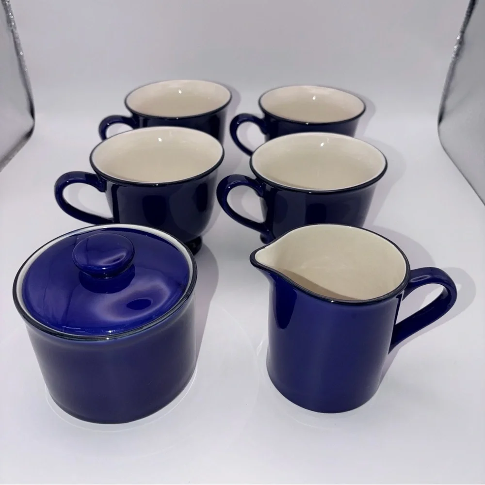 Vintage Cobalt Blue Stoneware Tea Cups Set w Sugar Bowl & Creamer - Picture 2 of 16